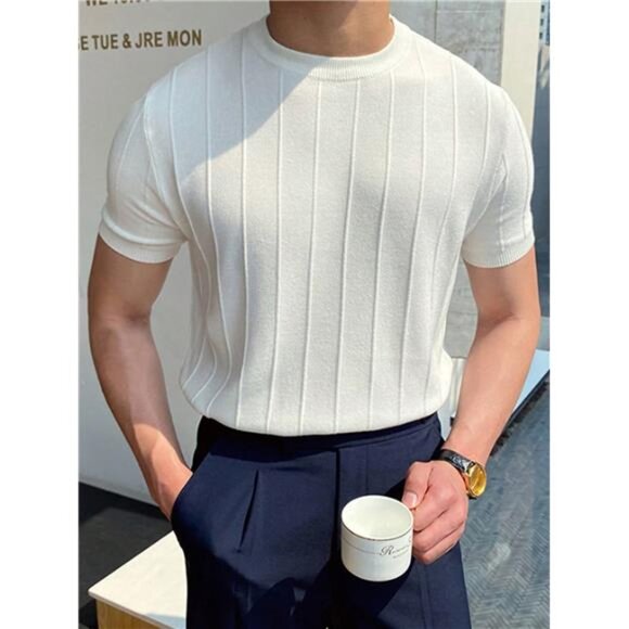 Men Solid Ribbed Knit Top, Elegant Men Shirt - Picture 3 of 9